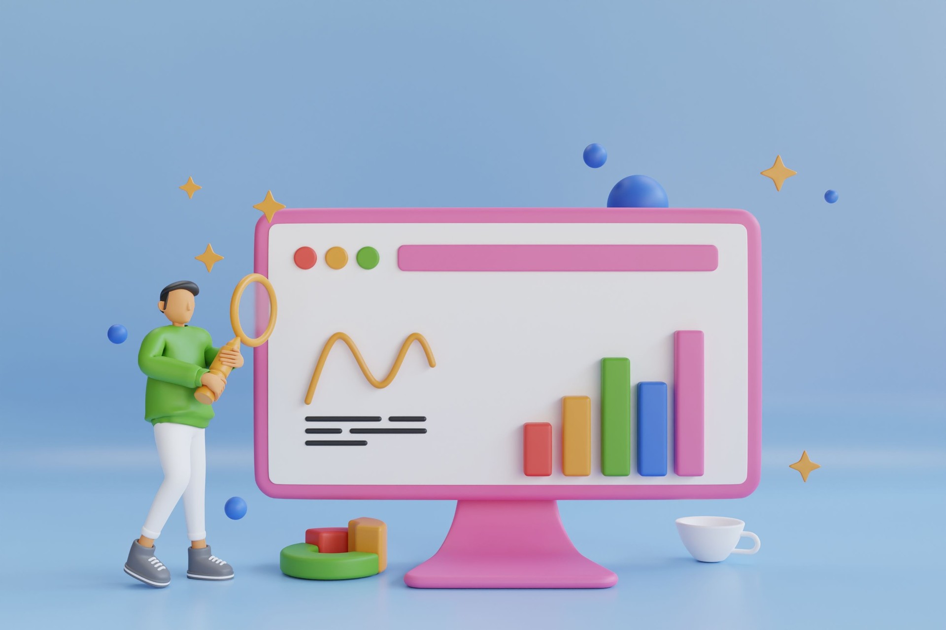 3D computer with charts and graph, analysis business financial data. ,marketing business strategy,analysis data and Investment,business finance reports,isometric infographic elements report market,concept website SEO PC Screen. 3d rendering